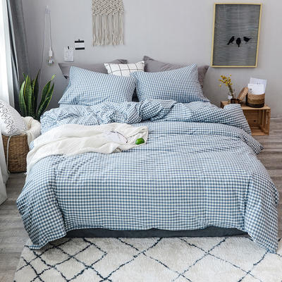 色织水洗棉四件套(小格子系列床单款) 1.5m（5英尺）床 浅蓝小格