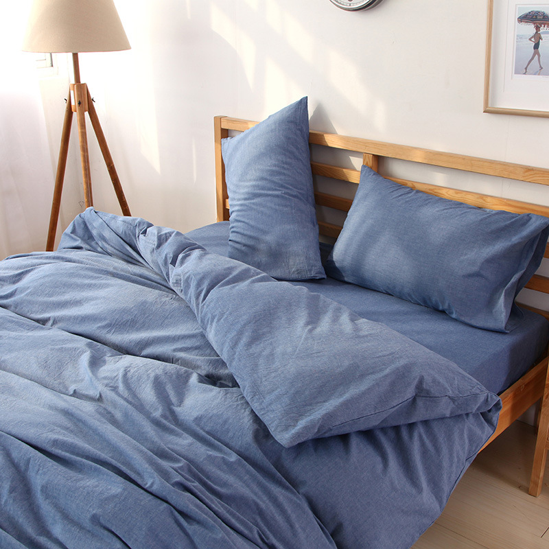 色织水洗棉四件套(纯色系列床笠款) 1.5m（5英尺）床 牛仔蓝