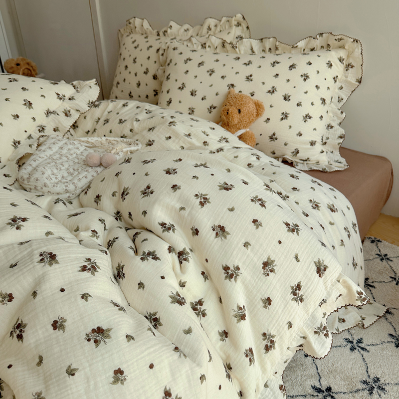 2025新韩版花边全棉双层皱皱纱布四件套