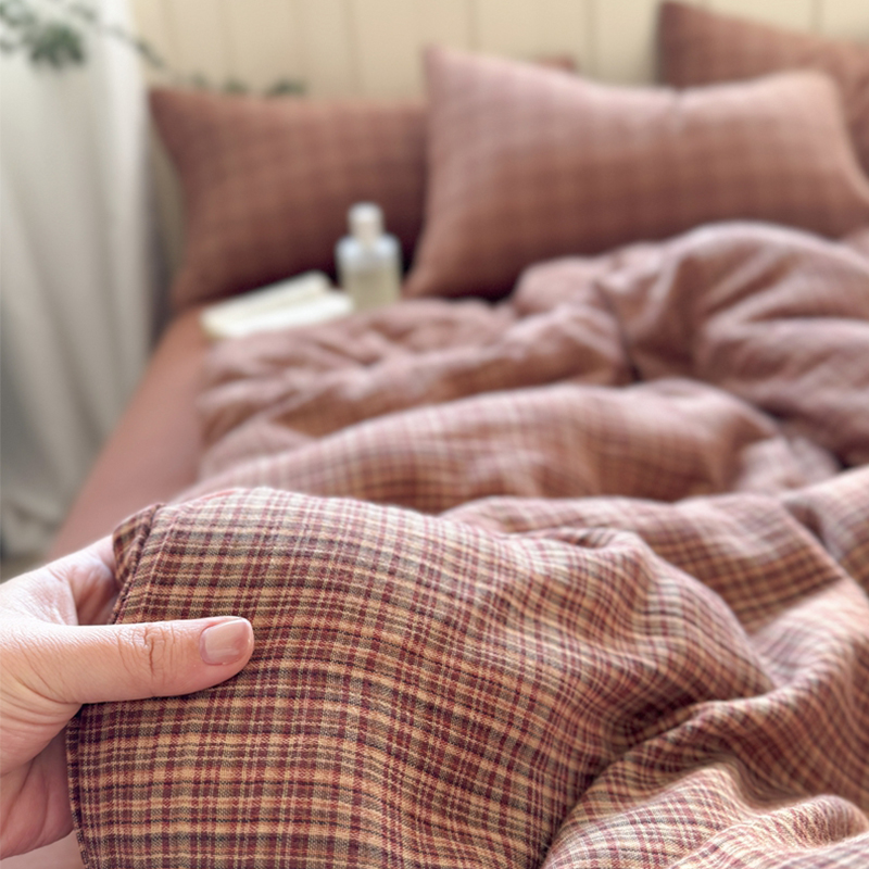 2025新款复古全棉A类色织双层纱皱皱纱格子四件套