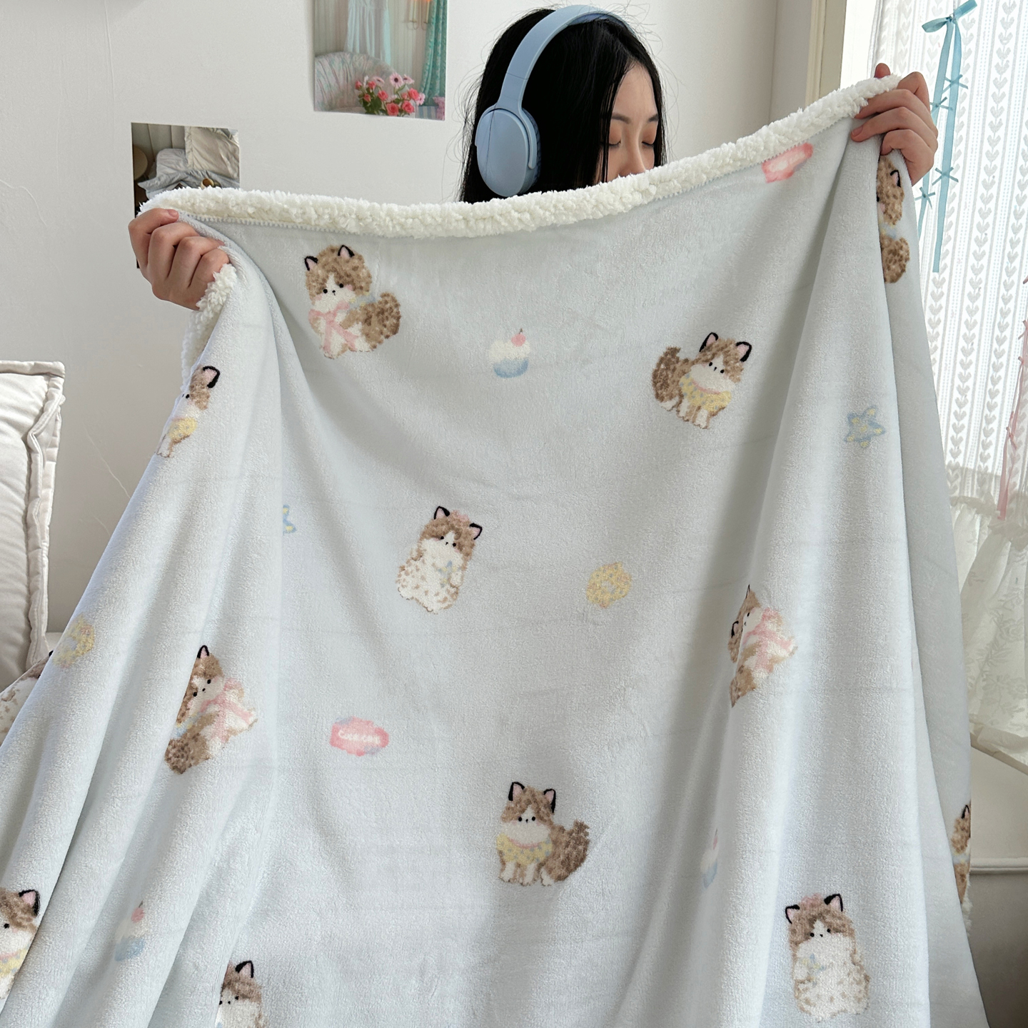 2025新款多功能牛奶绒羊羔绒毛毯 软萌猫蓝