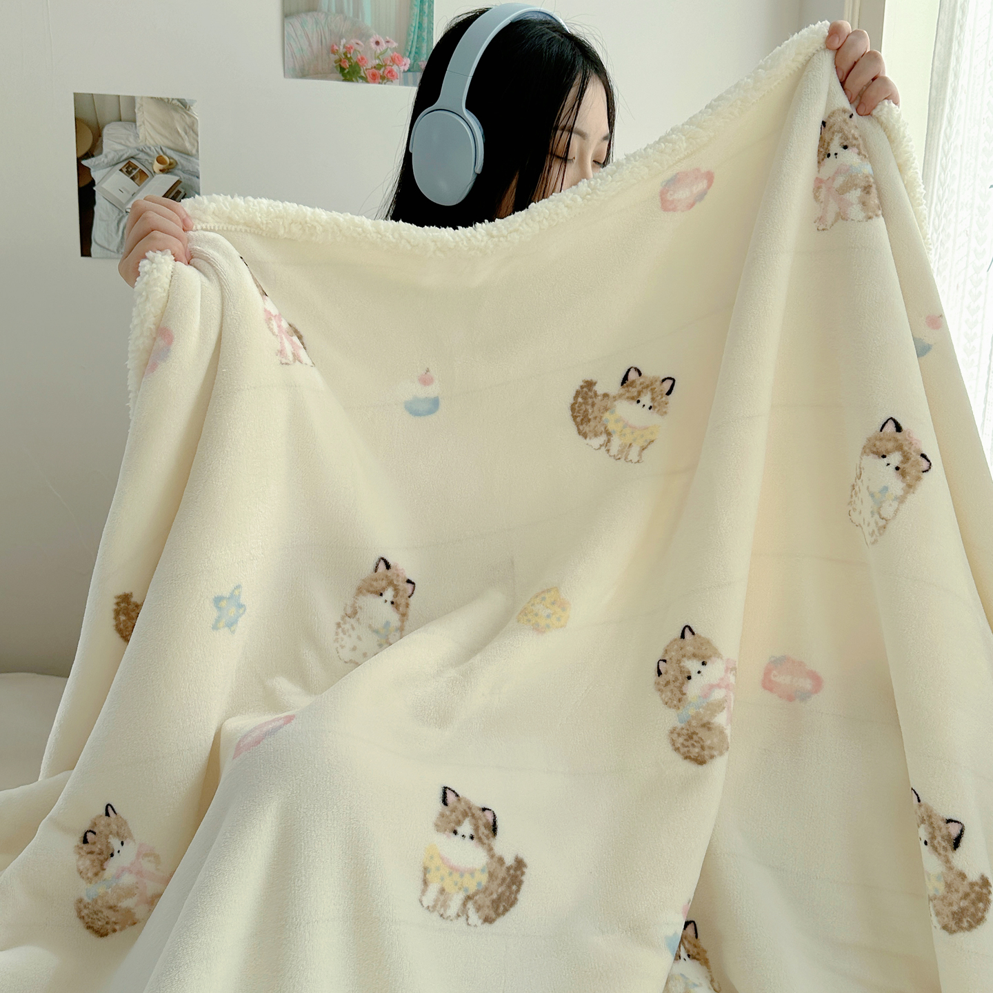 2025新款多功能牛奶绒羊羔绒毛毯 软萌猫黄