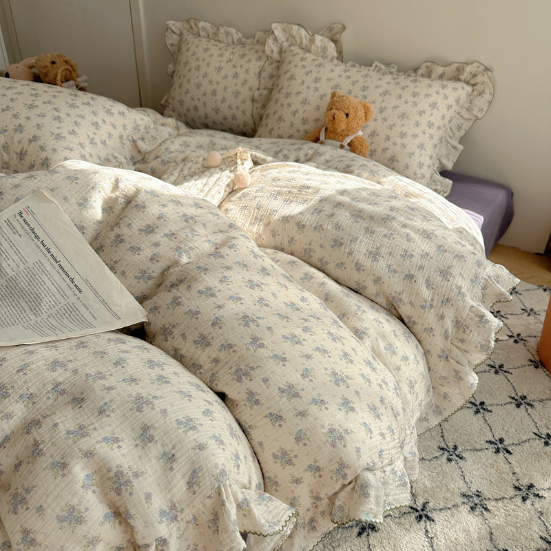 2025新韩版花边全棉双层皱皱纱布四件套