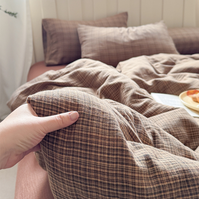 2025新款复古全棉A类色织双层纱皱皱纱格子四件套