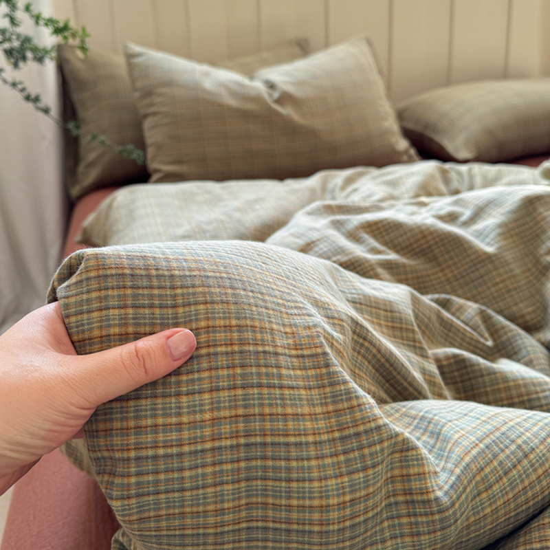 2025新款复古全棉A类色织双层纱皱皱纱格子四件套