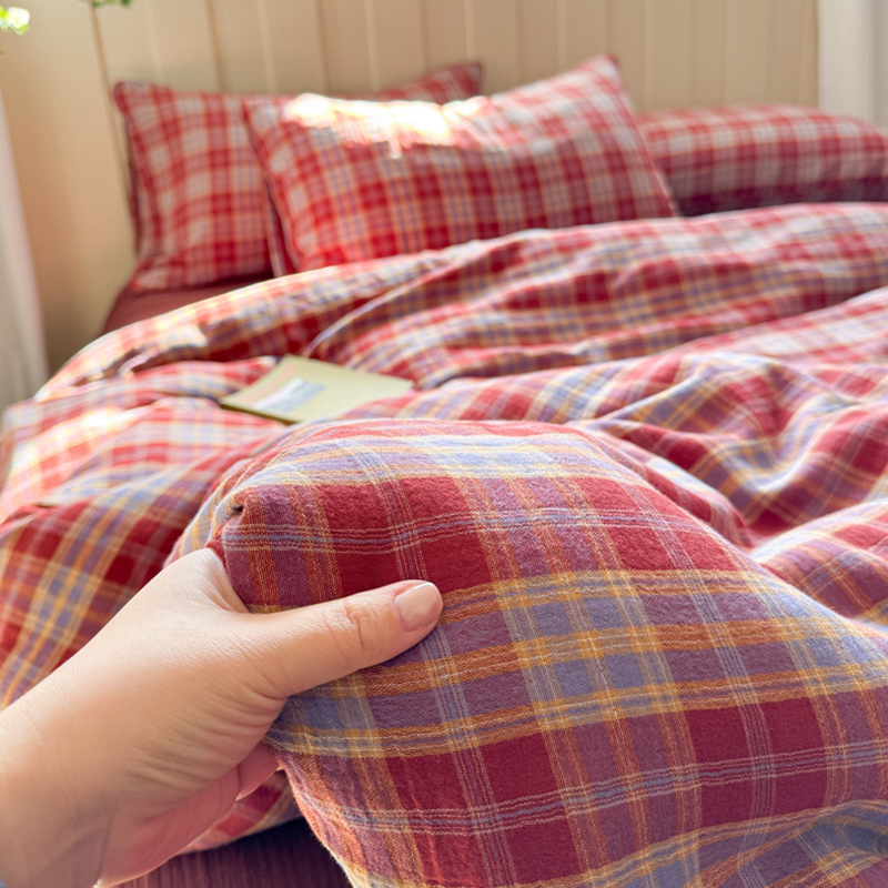 2025新款复古全棉A类色织双层纱皱皱纱格子四件套