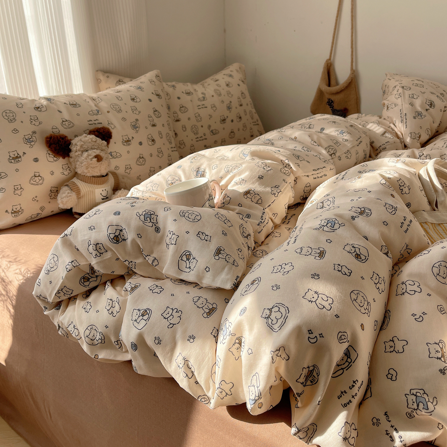 2026新款全棉双层纱四件套 贪吃的猫