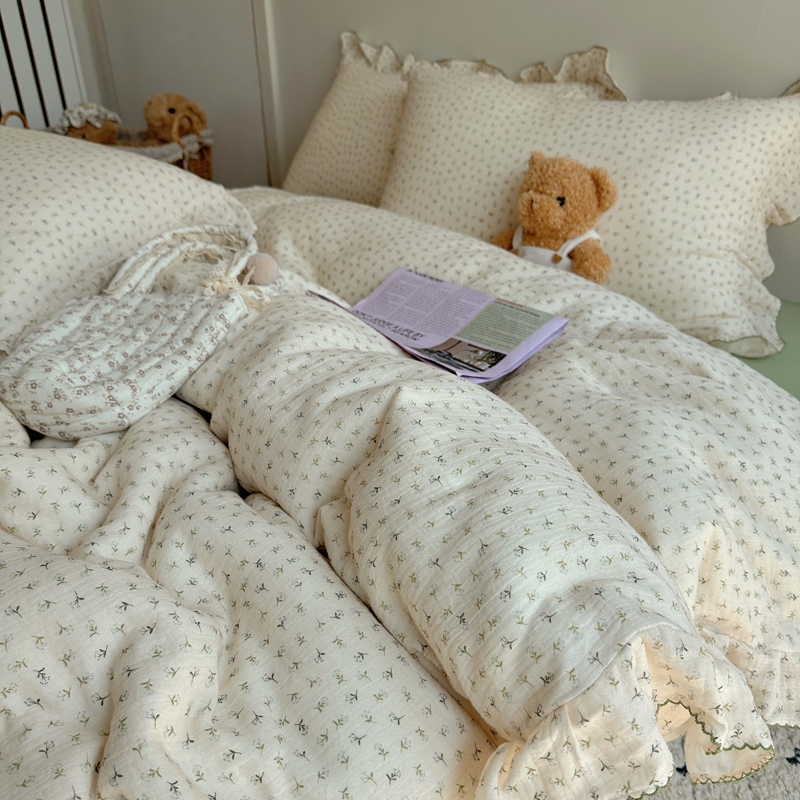 2025新韩版花边全棉双层皱皱纱布四件套