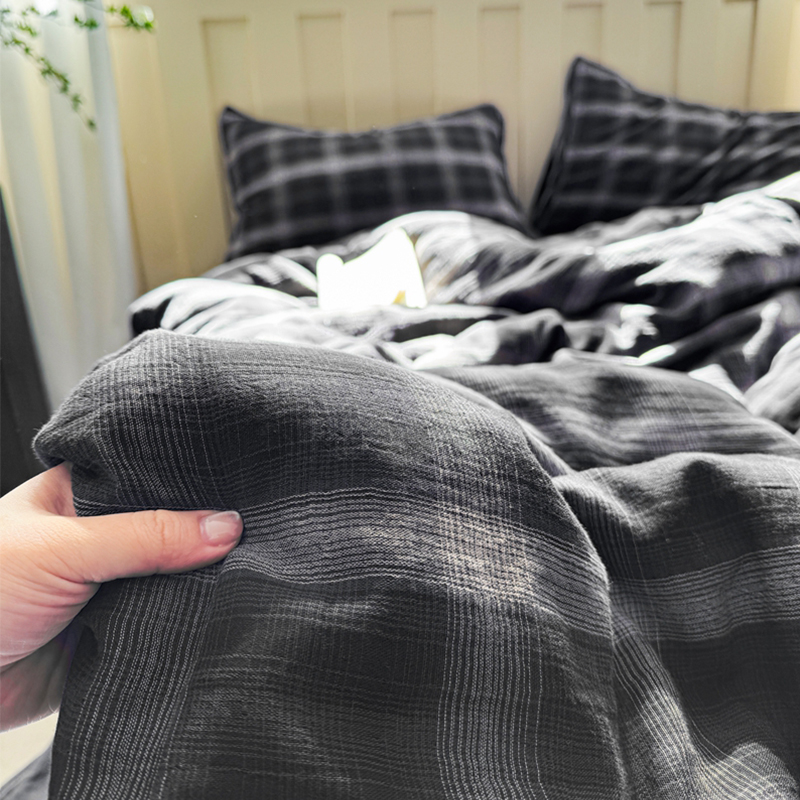 2025新款复古全棉A类色织双层纱皱皱纱格子四件套