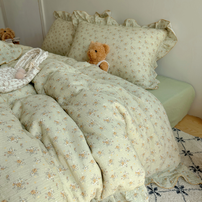 2025新韩版花边全棉双层皱皱纱布四件套