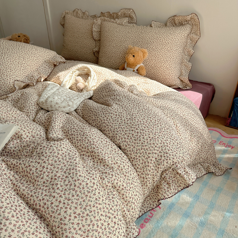 2025新韩版花边全棉双层皱皱纱布四件套