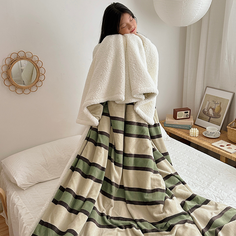 2023新款毛毯ins加厚牛奶绒羊羔绒毛毯午睡毯沙发盖毛毯系列一 100x150cm 条纹绿