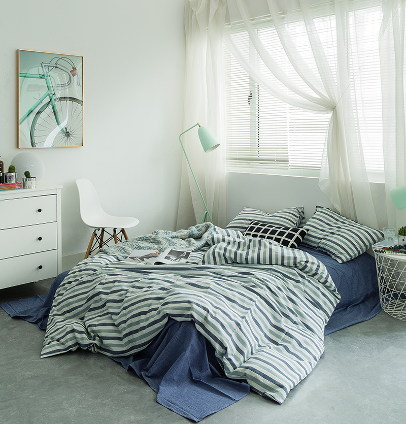 基础款水洗棉-三色条 小小号床单款1.2m（4英尺）床 条纹蓝