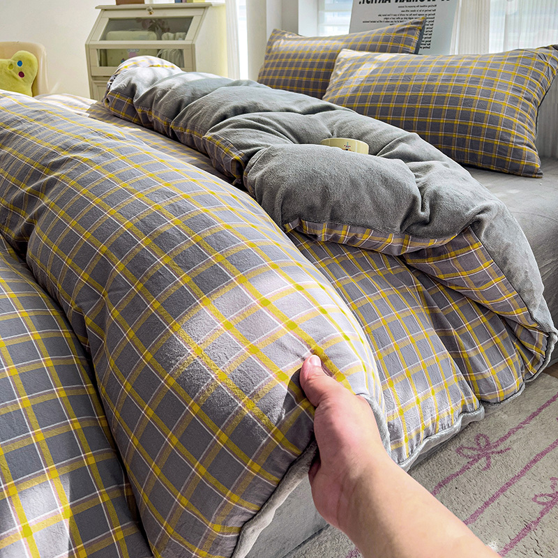 2025新款全棉色织水洗棉+高克重牛奶绒四件套 安娜灰