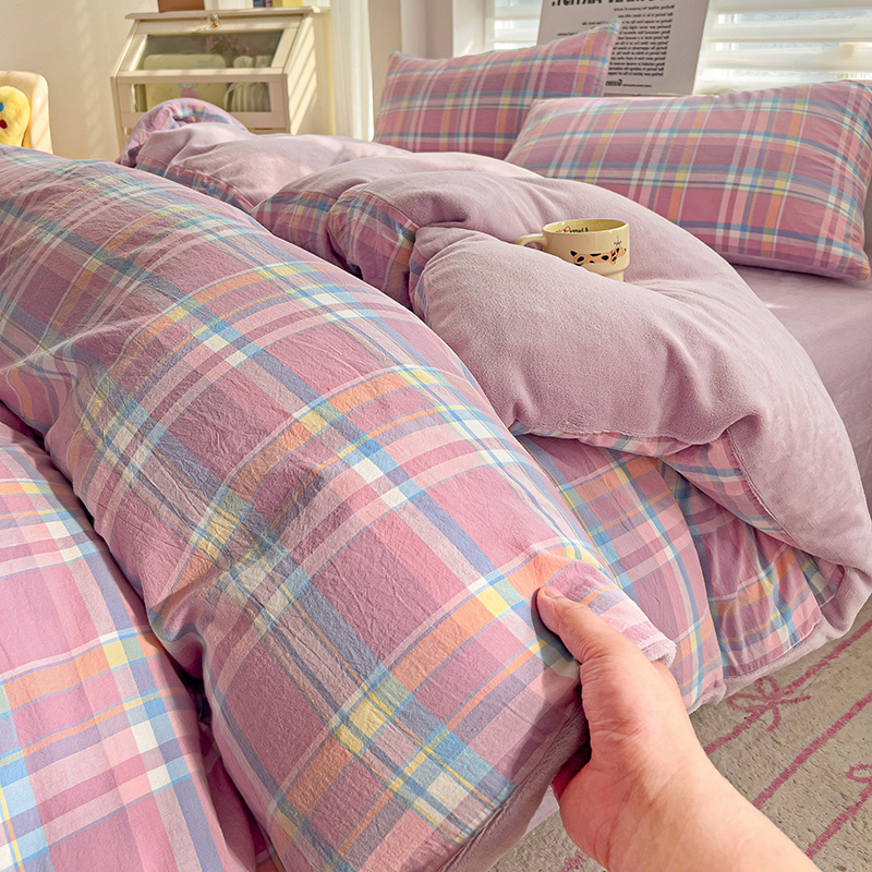 2025新款全棉色织水洗棉+高克重牛奶绒四件套 莫兰迪紫