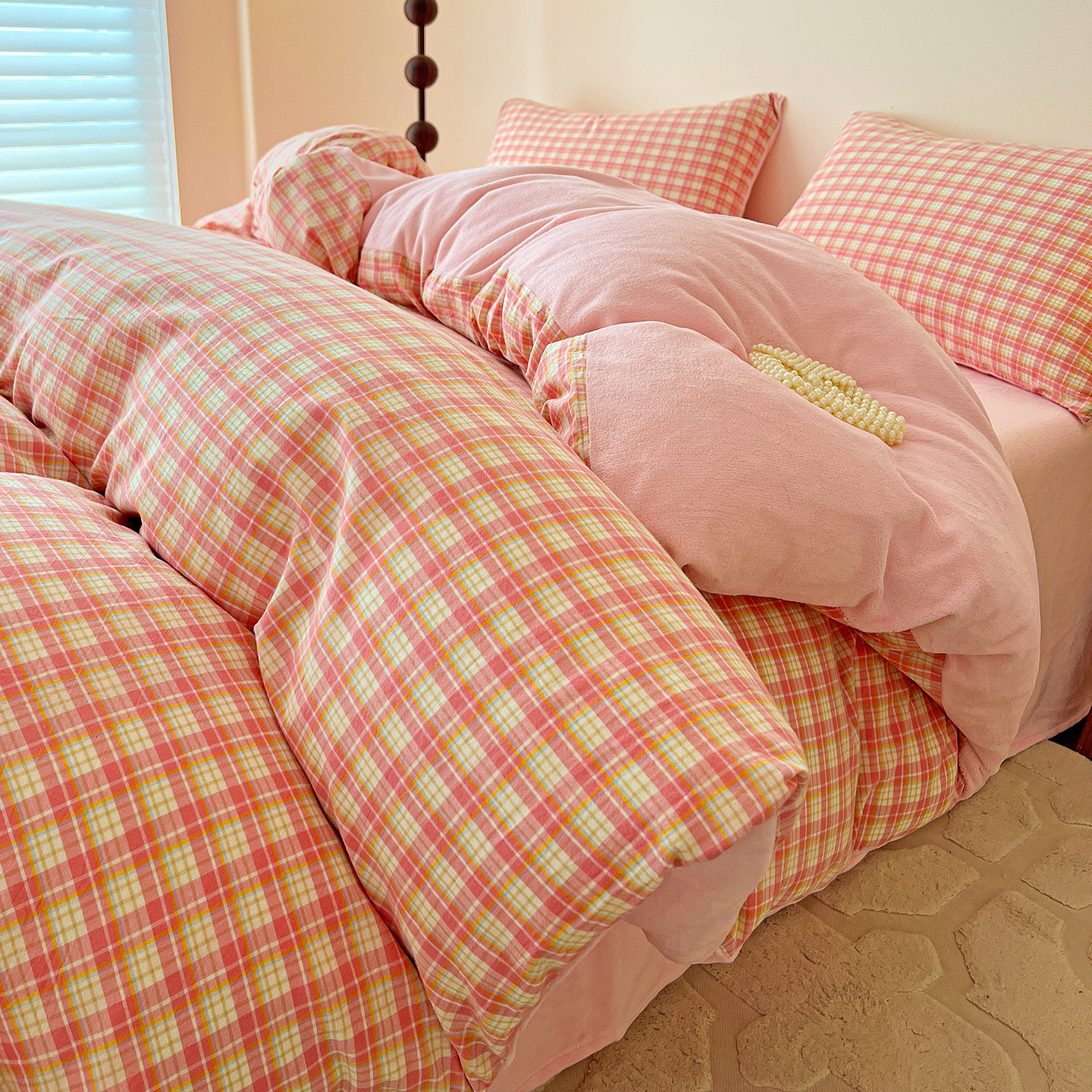 2025新款全棉色织水洗棉+高克重牛奶绒四件套 可颂粉