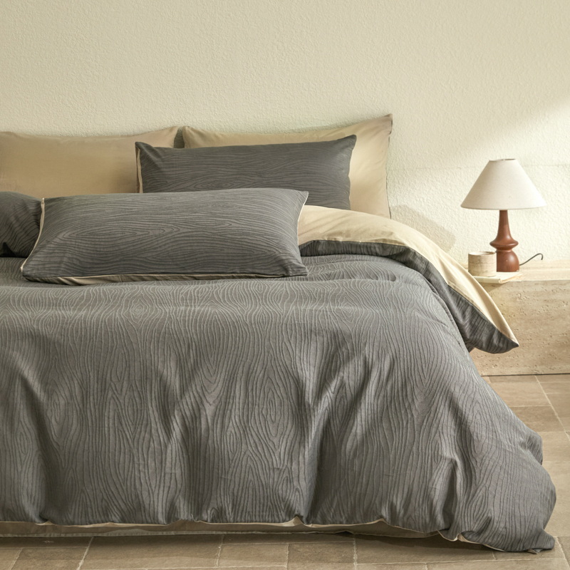2026新款时尚简约立体提花亲肤水洗棉四件套-米娅系列 米娅-浅灰+米驼
