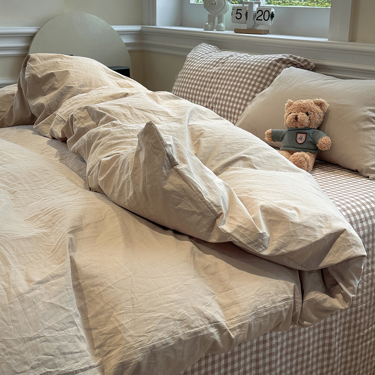 2026新款软糯水洗棉条格无印宜家风混搭系列单品被套 混搭米驼