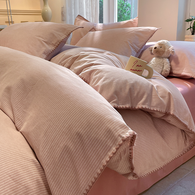 2025秋冬新款加厚全棉磨毛贝壳边四件套系列 简森-粉