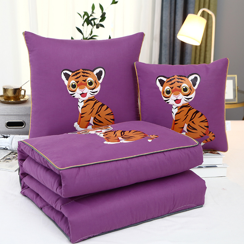 2024新款13372全棉卡通款抱枕被-老虎和狗 50*50cm 紫色-老虎 (4)
