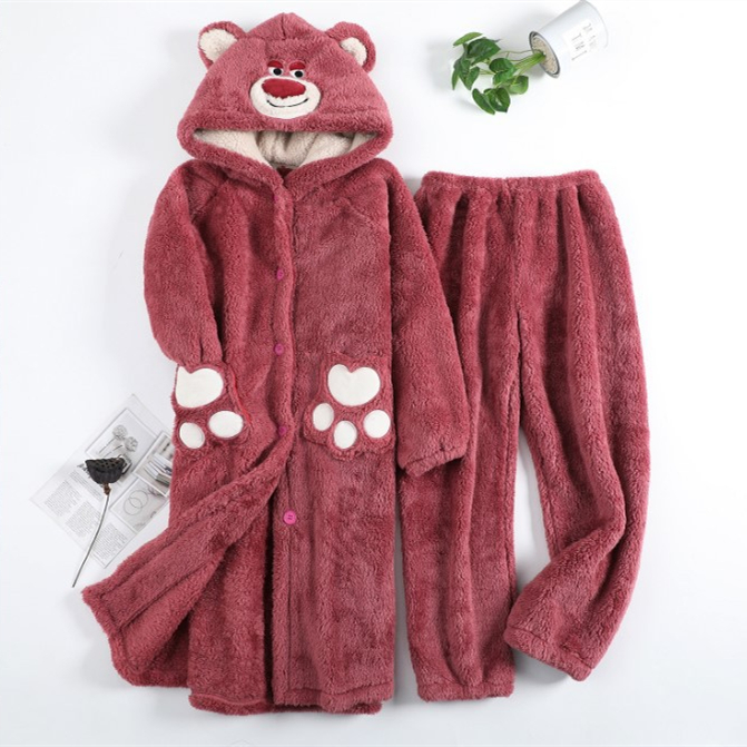 新款秋冬加绒睡袍单品套装 S 草莓熊套装（有裤子）