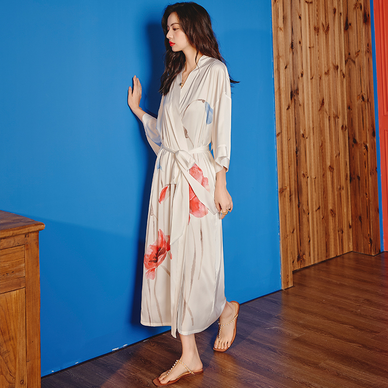 新款中式睡袍+吊带套装-风格一（2669 2878） 冰丝睡裙吊带M 白虞美人+红色吊带