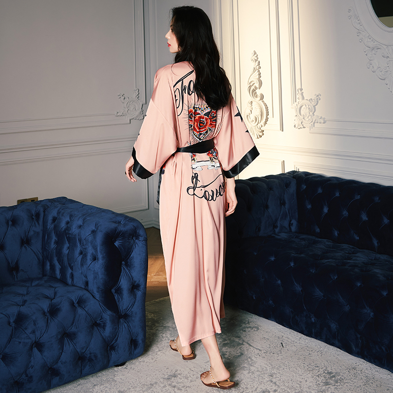 新款中式睡袍+吊带套装-风格一（2669 2878） 冰丝睡裙吊带M 粉红玫瑰鸟+白色吊带