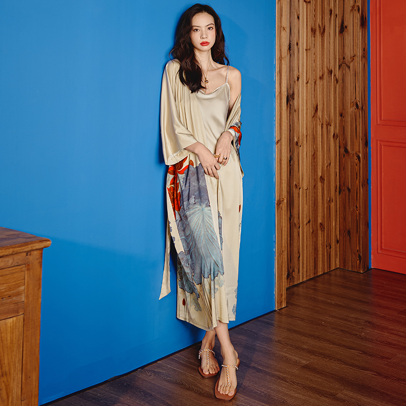 新款中式睡袍+吊带套装-风格二（2669 2878） 大睡袍均码（90-160斤） 单睡袍国画荷叶