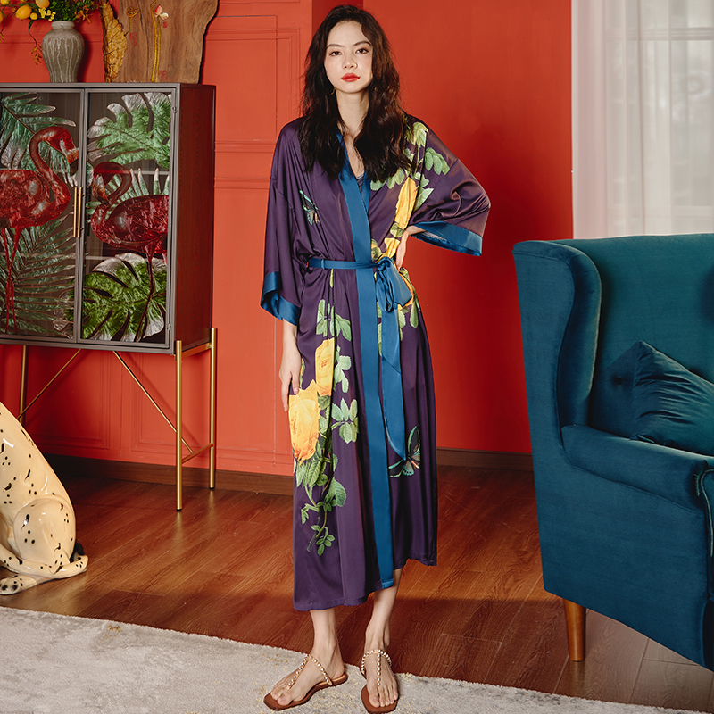 新款中式睡袍+吊带套装-风格二（2669 2878） 大睡袍均码（90-160斤） 单睡袍黄花紫袍