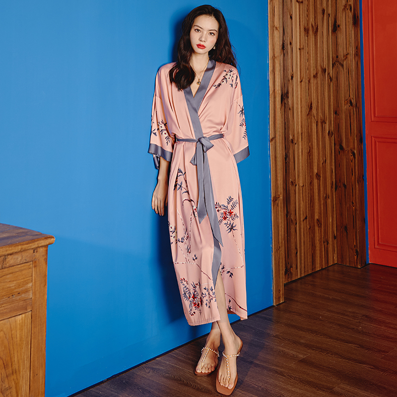 新款中式睡袍+吊带套装-风格二（2669 2878） 大睡袍均码（90-160斤） 单睡袍深粉树枝