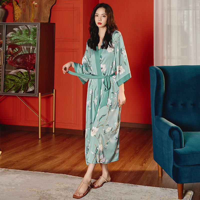 新款中式睡袍+吊带套装-风格二（2669 2878） 大睡袍均码（90-160斤） 单睡袍枝蔓绿叶