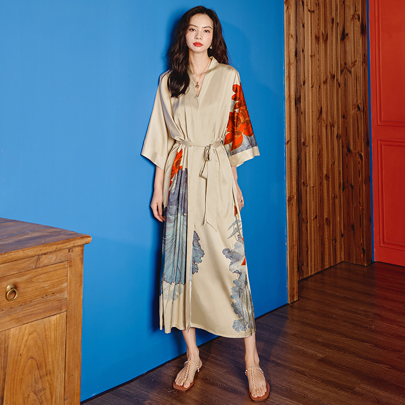 新款中式睡袍+吊带套装-风格三（2669 2878） 大睡袍均码（90-160斤） 单睡袍国画荷叶