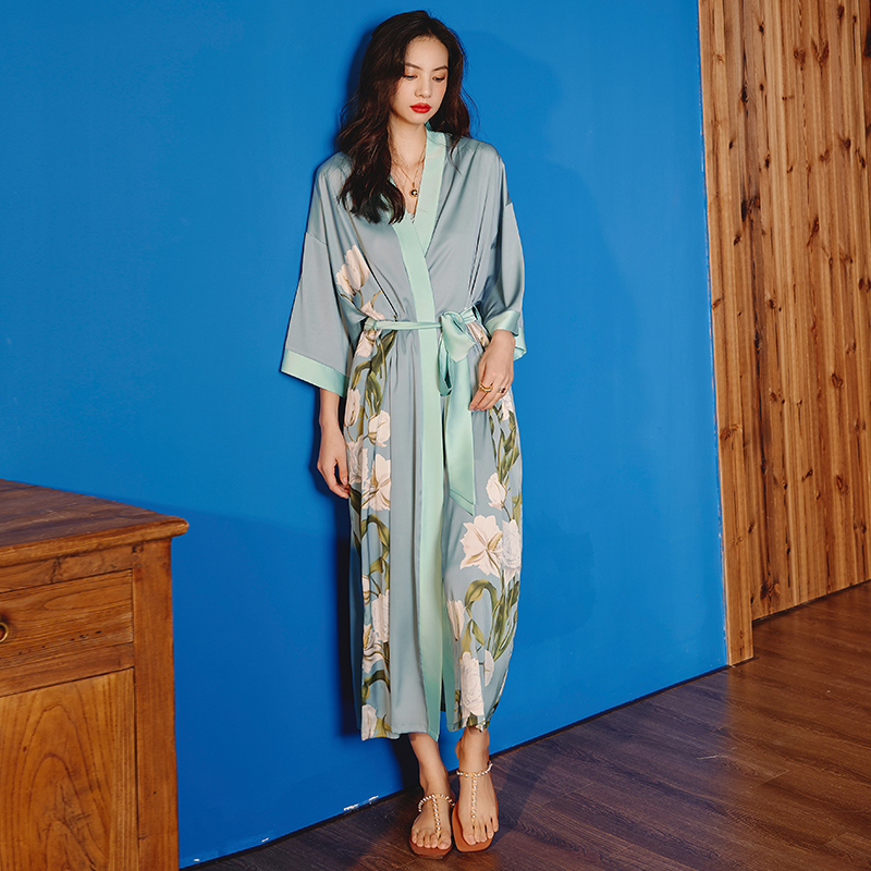 新款中式睡袍+吊带套装-风格五（2669 2878） 大睡袍均码（90-160斤） 单睡袍蓝灰芍药