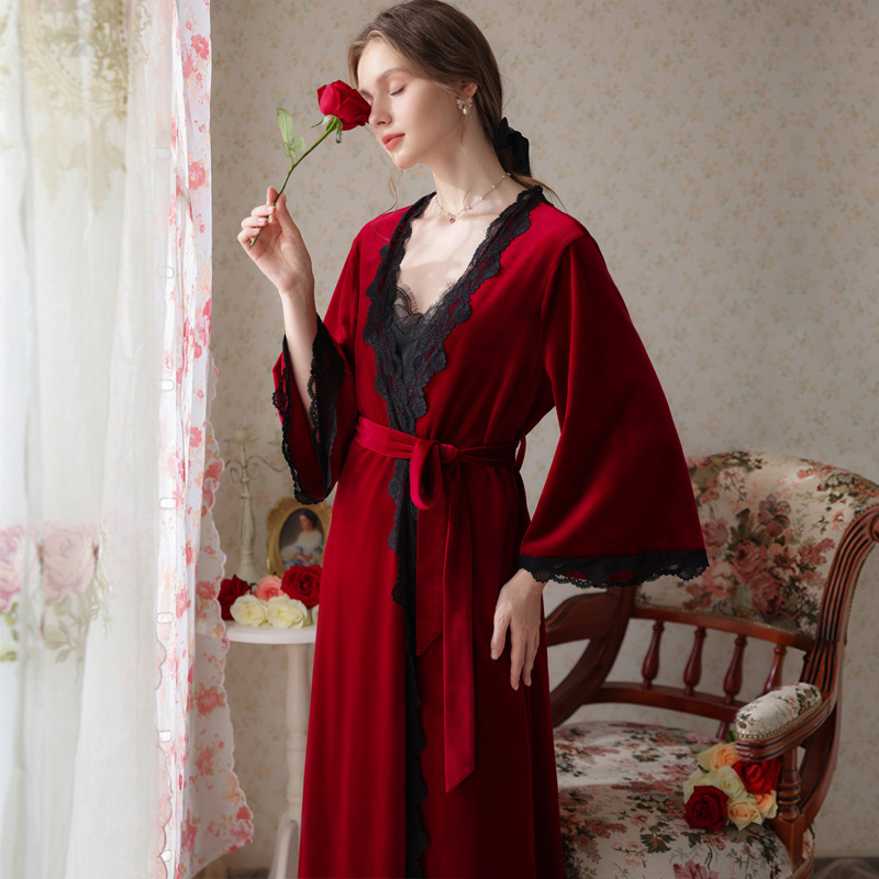 新款红色晨袍女新娘结婚睡衣性感睡袍两件套装秋冬季伴娘丝绒吊带睡裙 M 酒红色
