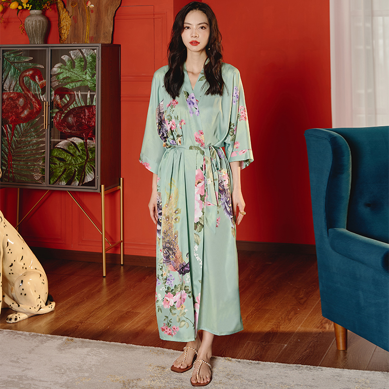 新款中式睡袍+吊带套装-风格六（2669 2878） 大睡袍均码（90-160斤） 单睡袍孔雀花影绿