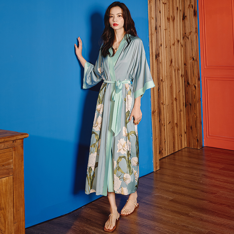 新款中式睡袍+吊带套装-风格六（2669 2878） 大睡袍均码（90-160斤） 单睡袍蓝灰芍药