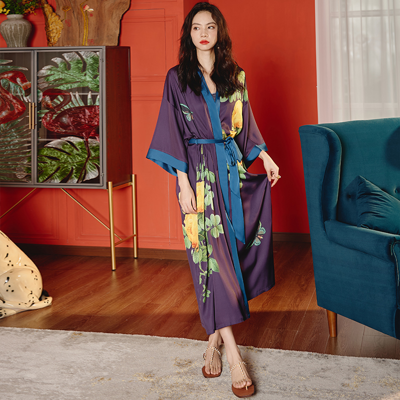 新款中式睡袍+吊带套装-风格六（2669 2878） 冰丝睡裙吊带M 黄花紫袍+蓝色吊带