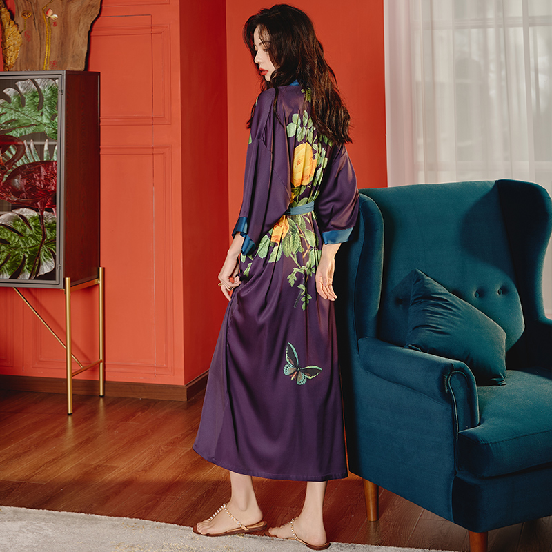 新款中式睡袍+吊带套装-风格六（2669 2878） 冰丝睡裙吊带M 黄花紫袍+棕色吊带