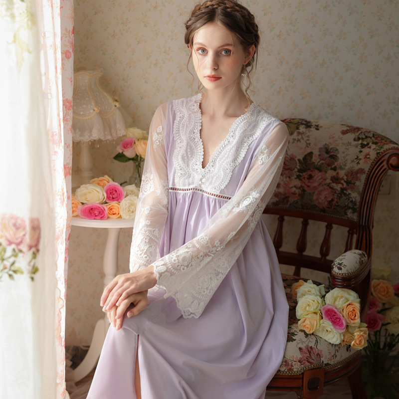 新款睡衣法式高级感蕾丝春秋长款棉网纱刺绣长袖V领性感睡裙 M 紫色