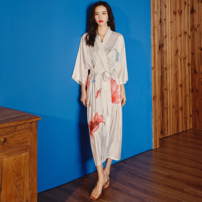 新款中式睡袍+吊带套装-风格八（2669 2878） 大睡袍均码（90-160斤） 单睡袍白虞美人