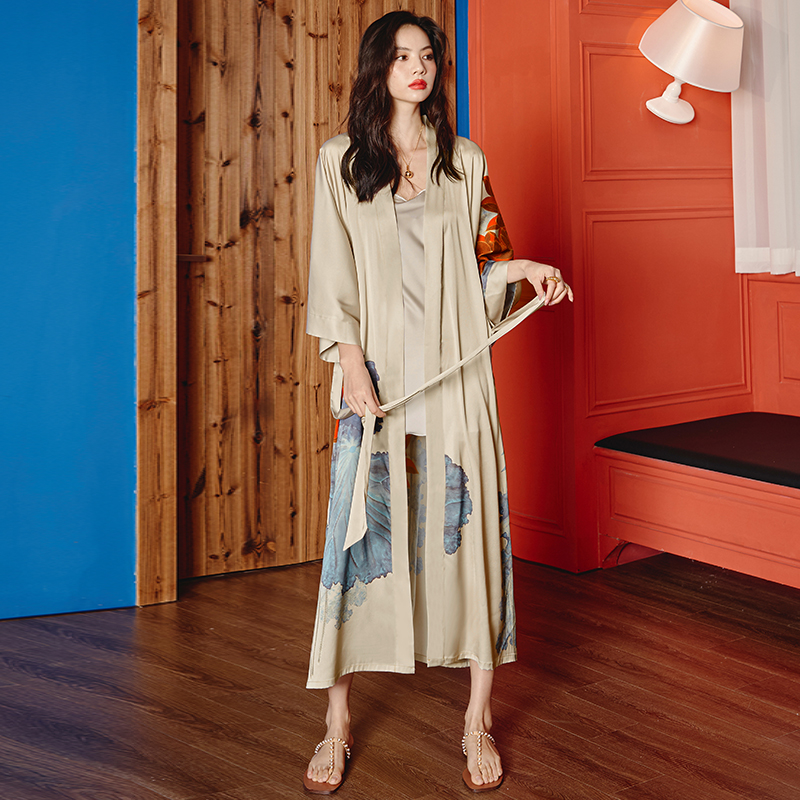 新款中式睡袍+吊带套装-风格八（2669 2878） 冰丝睡裙吊带M 国画荷叶+蓝色吊带