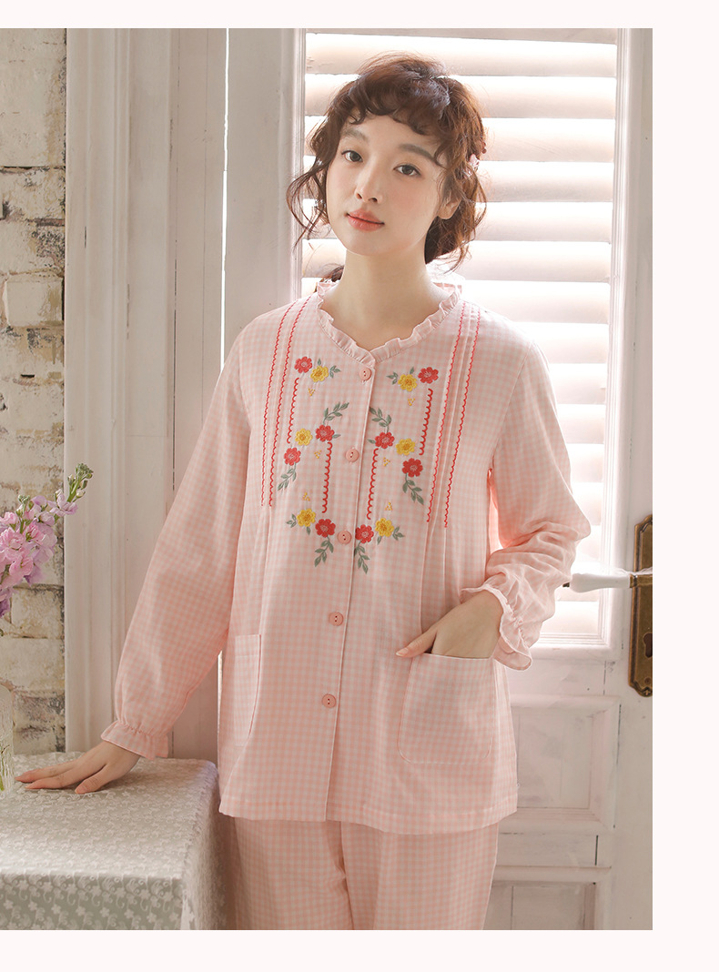 新款春夏季女士长袖套装全棉色织刺绣双层棉纱家居服女套装-LS49006 M LS49006 粉色