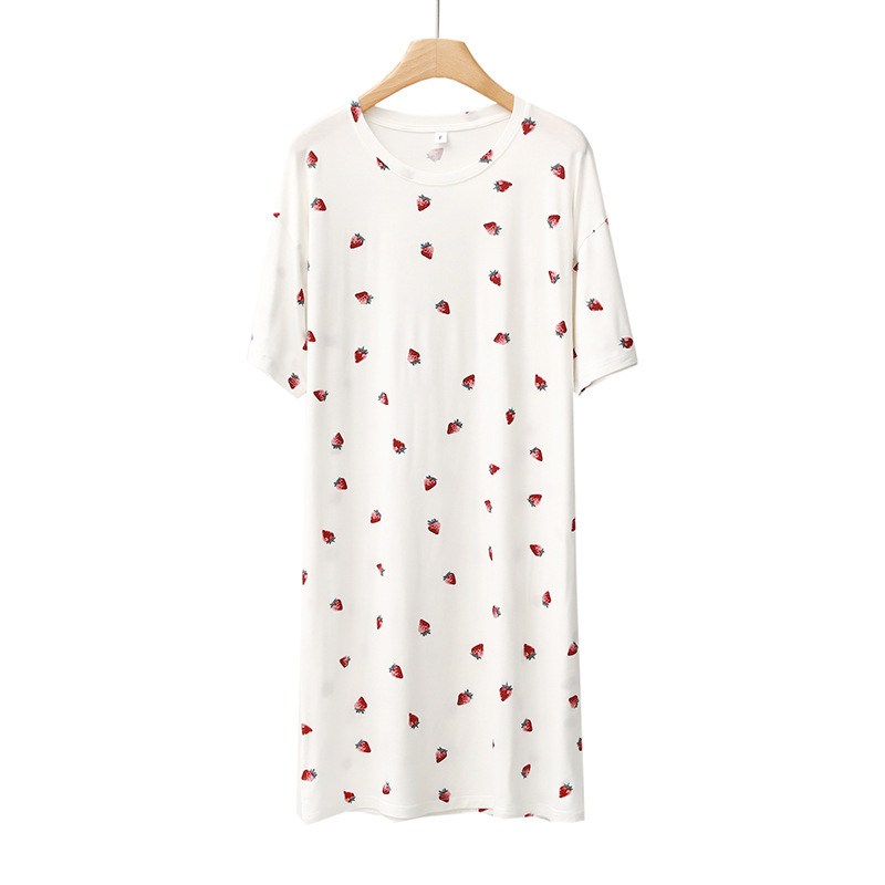 夏季新款女士莫代尔睡裙考拉印花短袖中长睡裙凉爽家居裙睡衣 草莓 均码 草莓 白
