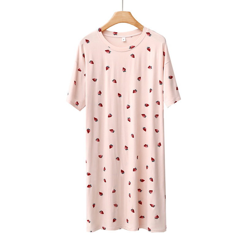 夏季新款女士莫代尔睡裙考拉印花短袖中长睡裙凉爽家居裙睡衣 草莓 均码 草莓 粉