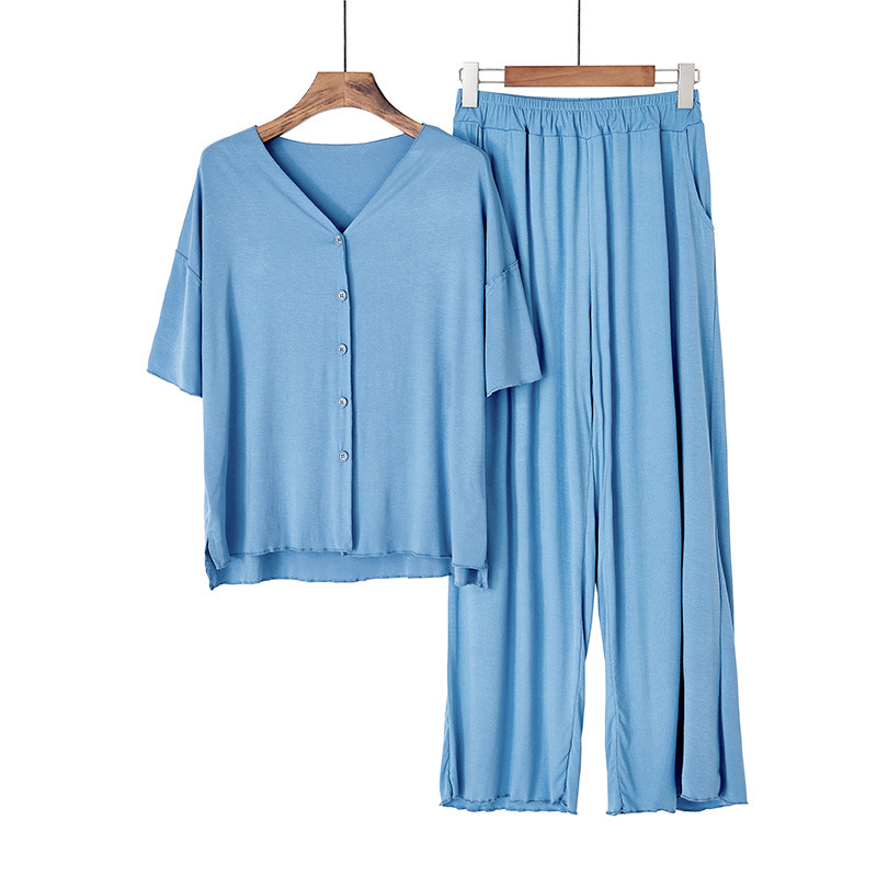 新款家居服长袖套装睡衣裙女士夏季莫代尔短袖圆领薄款中长睡裙宽松柔软亲肤细腻  7211 均码 7211 蓝