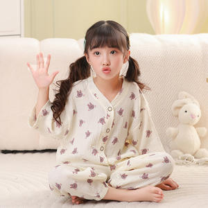 新款儿童睡衣女童春季童装家居服a类套装韩版纯棉薄款纱布宝宝空调服 80 米白色 紫兔子