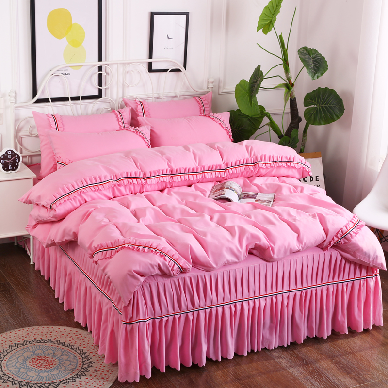 2018新款水洗磨毛夹棉床裙四件套 1.8m（6英尺）床 粉红
