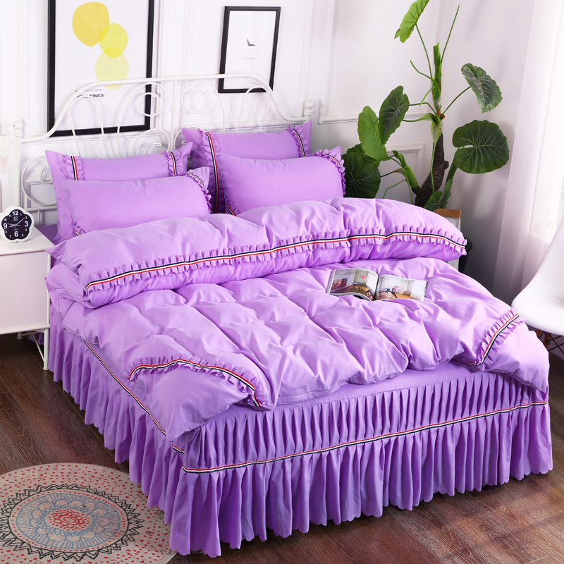 2018新款水洗磨毛夹棉床裙四件套 1.8m（6英尺）床 紫色