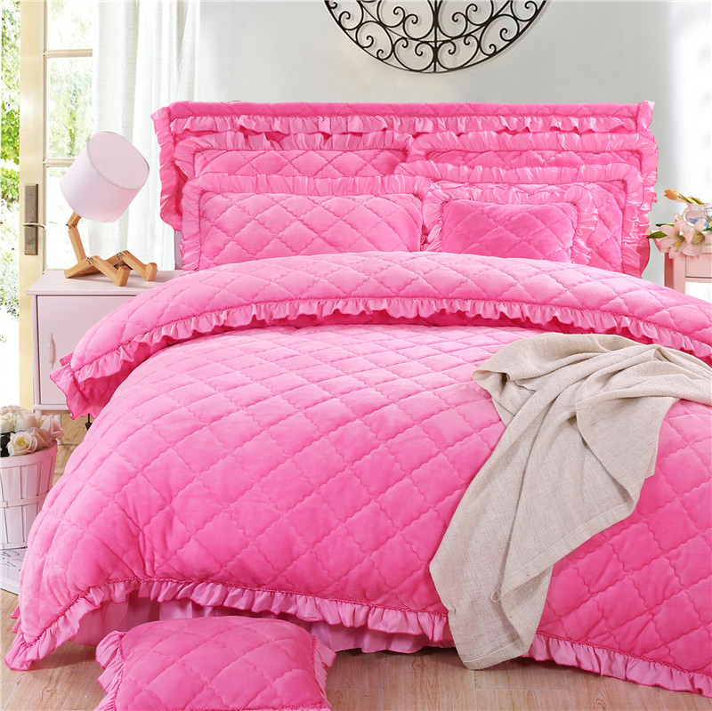 2018新款法莱绒夹棉四件套 1.5m床 夹棉被套 粉红色