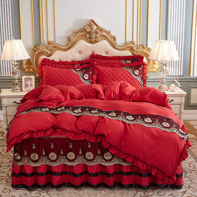 2024新款（四季款）细丝斜纹夹棉床裙系列—床裙五件套 1.8m床裙款五件套 大红